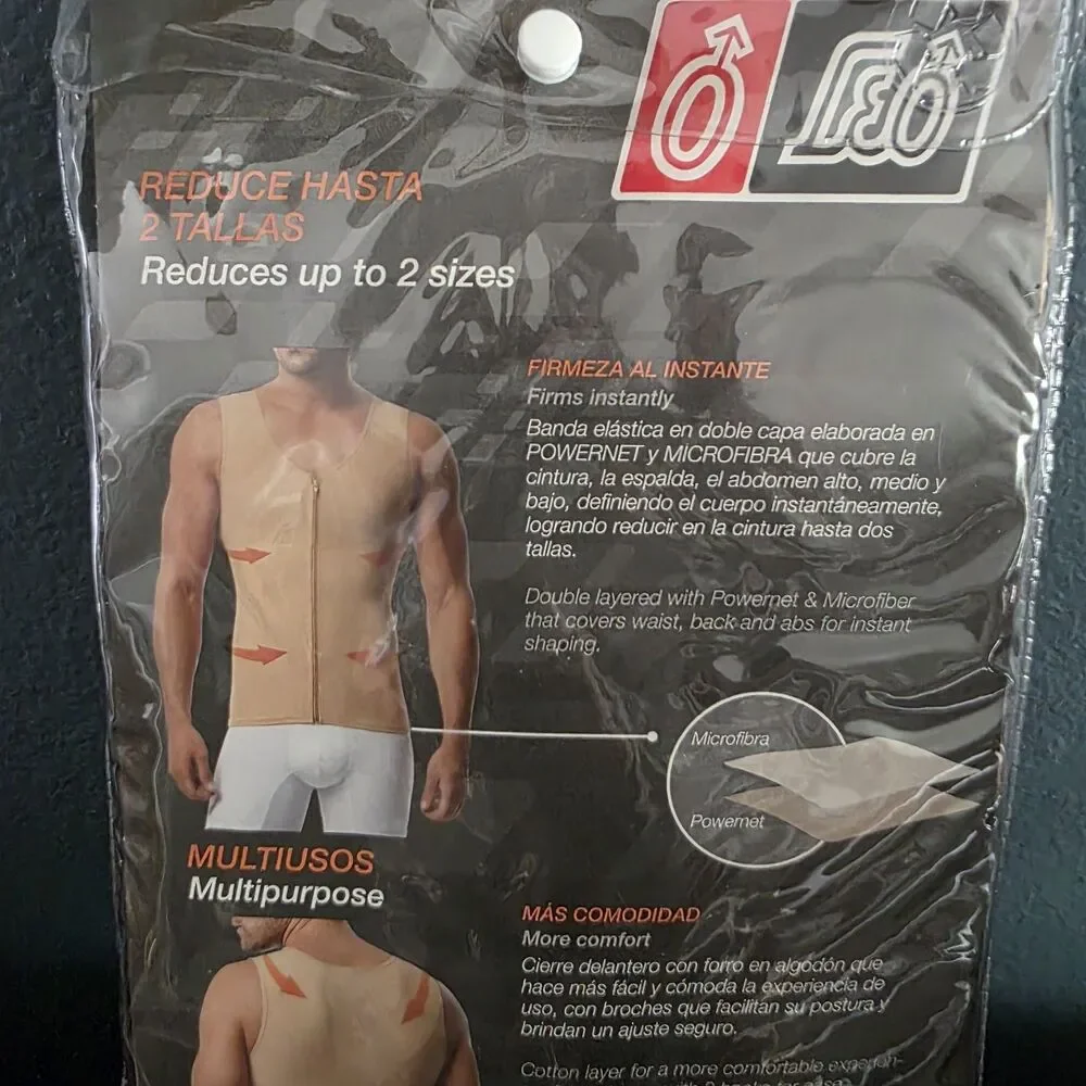 Men Slimming Body Shaper Full zip Vest Chest Compression Tank Top Underwear Sz M